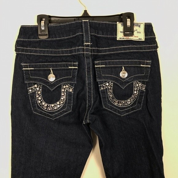 True Religion World Tour Julie Dark Wash Jeans- Jeweled Back Pockets- Size 27 - Picture 6 of 8